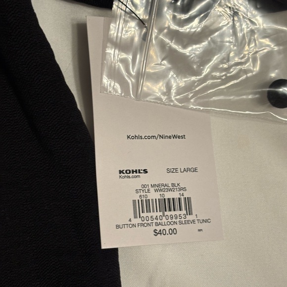Nine West Black Button Front Balloon Sleeve Tunic Blouse Size L NWT - Picture 4 of 10